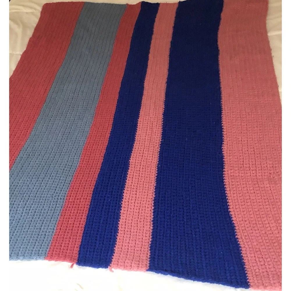 Four toned Stripes Pretty Pink Blue Vintage Afghan Cozy Couch‎ Throw Blanket